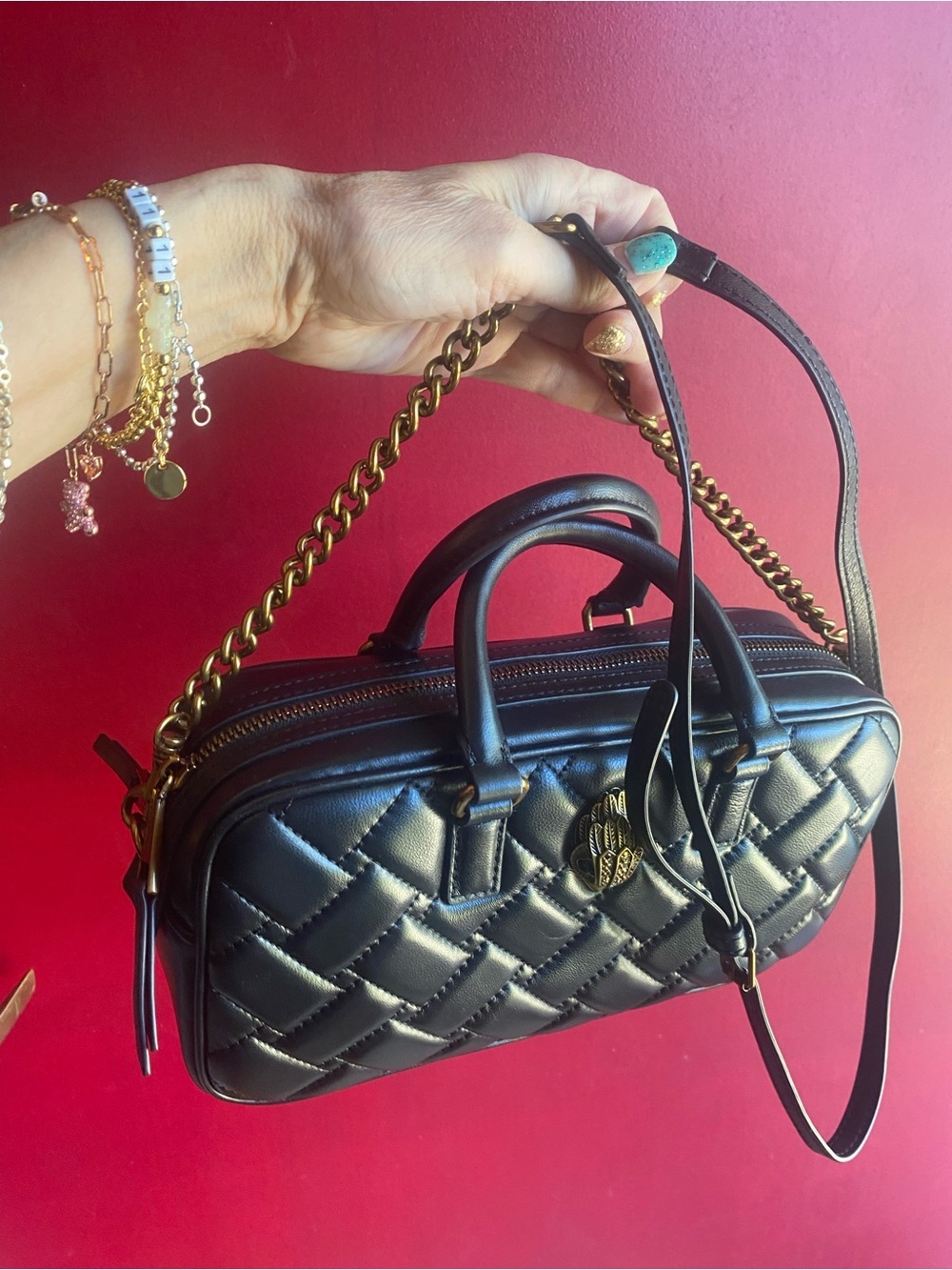 Kurt Geiger NWT Black Leather Small Duffle/Crossbody with Crystal Gold Eagle - Picture 6 of 12